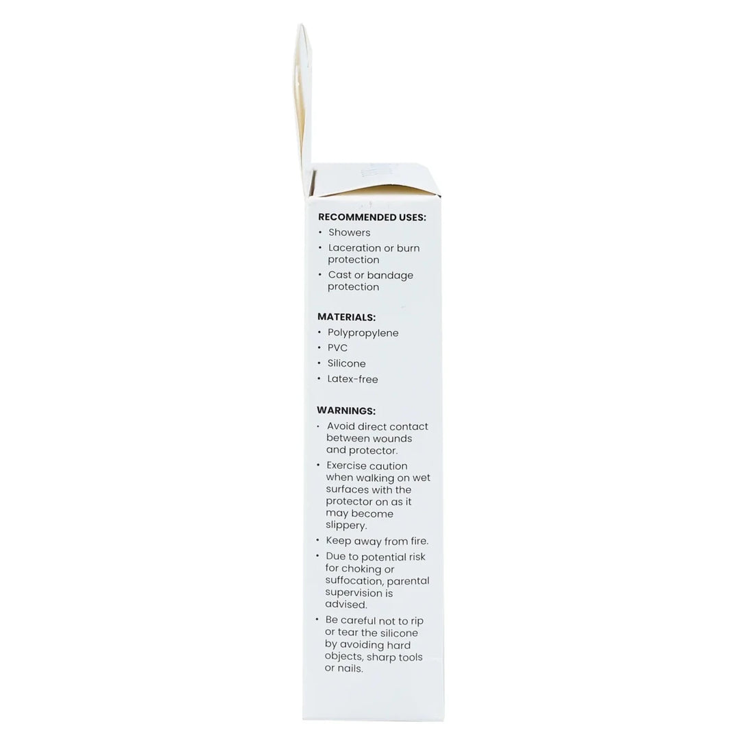 The back of a white rectangular product box with printed text about recommended uses, materials, and warnings, shown against a plain white background. - okotoks hc pharmacy