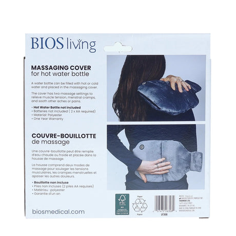 Package of BIOS living massaging cover for hot water bottle with text and images of a person using it. - okotoks hc pharmacy