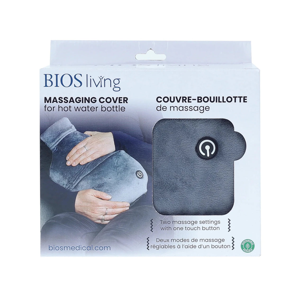 Packaging of BIOS living massage cover for hot water bottle with product image and branding. - okotoks hc pharmacy