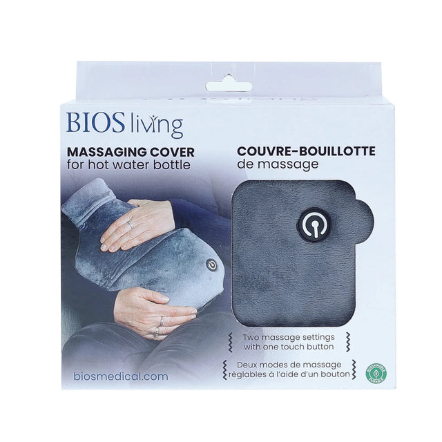 Packaging of BIOS living massage cover for hot water bottle with product image and branding. - okotoks hc pharmacy