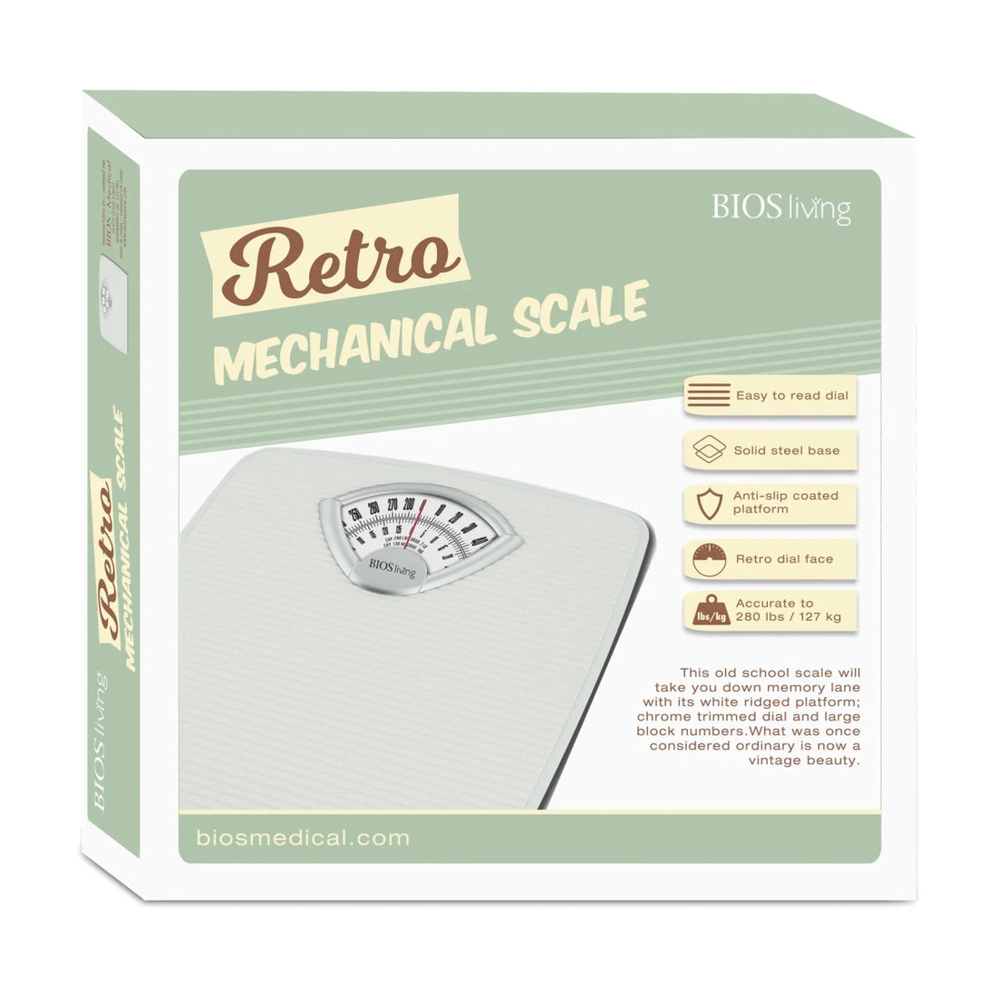 Box of a retro mechanical scale with branding and product details. - okotoks hc pharmacy