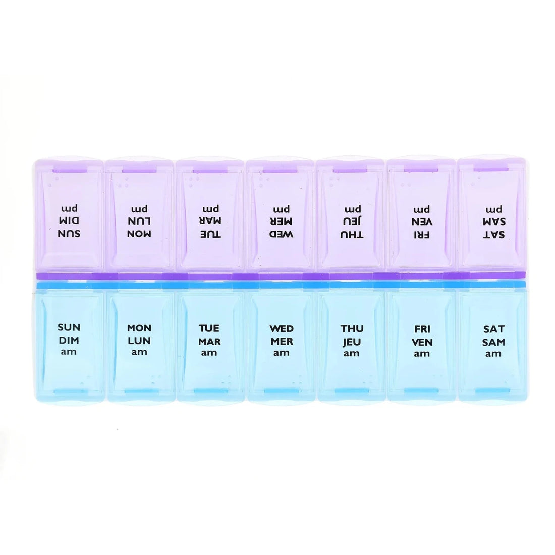 A 7-day weekly pill organizer with translucent plastic compartments. The top row is light purple with black text showing reversed days of the week (SUN, MON, etc. - okotoks hc pharmacy