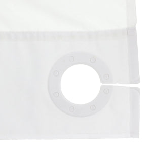 Close-up of a white curtain panel showing the fabric texture, stitched hem, and a circular grommet ring on the corner. - okotoks hc pharmacy