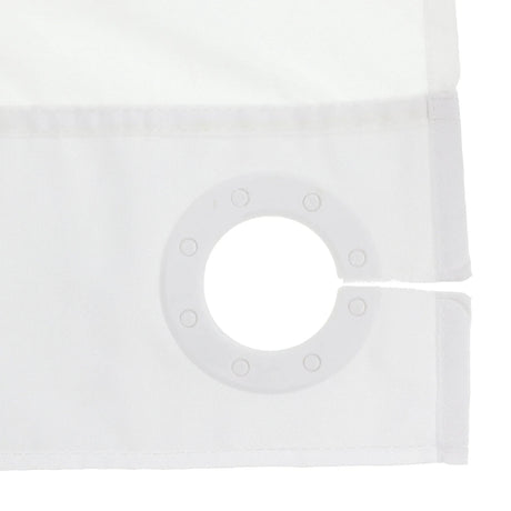 Close-up of a white curtain panel showing the fabric texture, stitched hem, and a circular grommet ring on the corner. - okotoks hc pharmacy