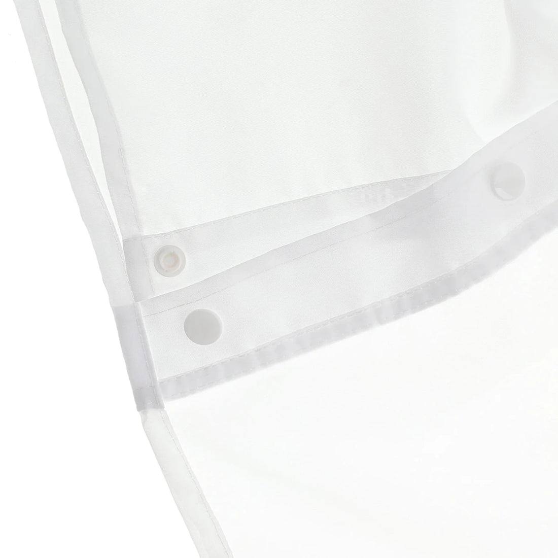 Close-up of a white fabric item with a curved hem, white snap buttons, and a sheer white trim on a white background. - okotoks hc pharmacy