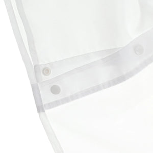 Close-up of a white fabric item with a curved hem, white snap buttons, and a sheer white trim on a white background. - okotoks hc pharmacy