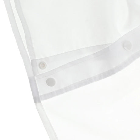 Close-up of a white fabric item with a curved hem, white snap buttons, and a sheer white trim on a white background. - okotoks hc pharmacy