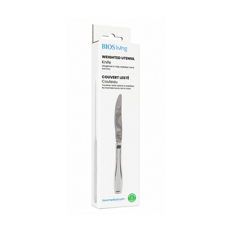 Packaged weighted utensil knife with BIOS living branding on a white background - okotoks hc pharmacy