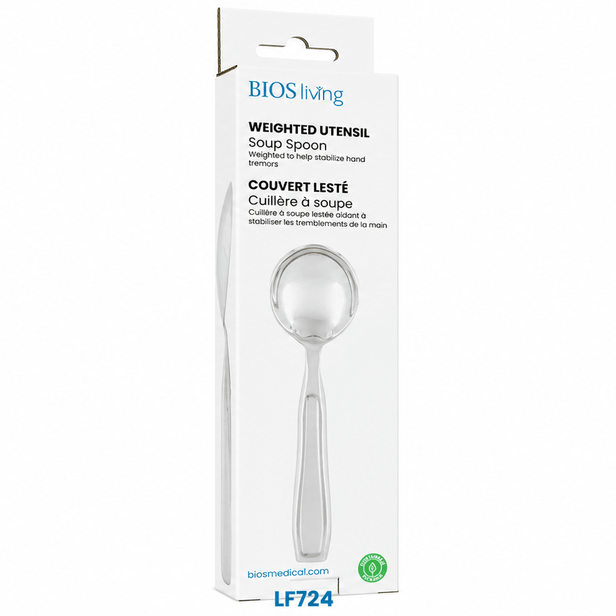 Stainless steel spoon with a visible brand logo on a white background - okotoks hc pharmacy