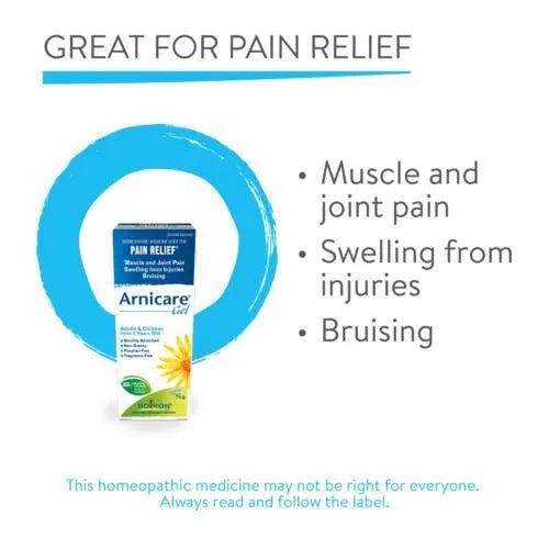 Advertisement for Arnicare Gel packaging with text about pain relief uses on a white background. - okotoks hc pharmacy