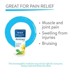 Advertisement for Arnicare Gel packaging with text about pain relief uses on a white background. - okotoks hc pharmacy