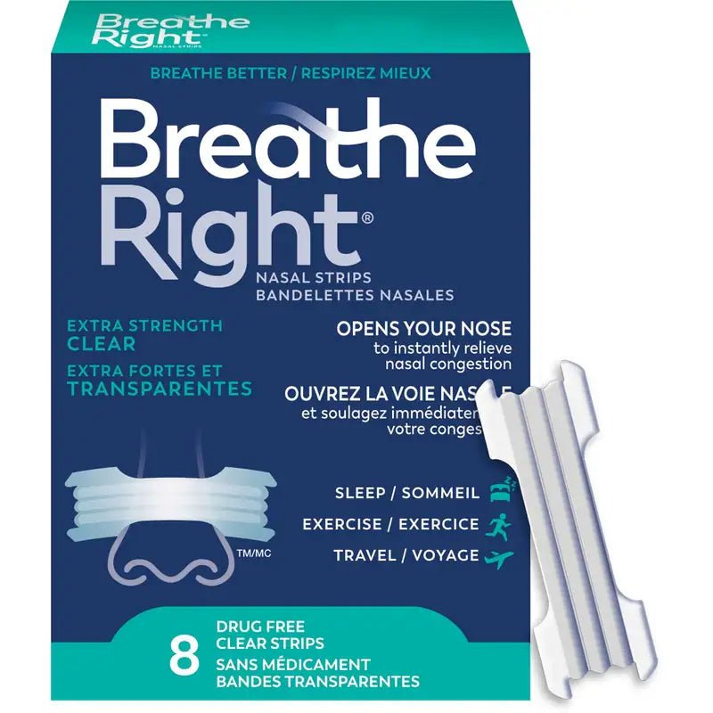 Breathe Right nasal strips packaging with clear strips on a white background - okotoks hc pharmacy