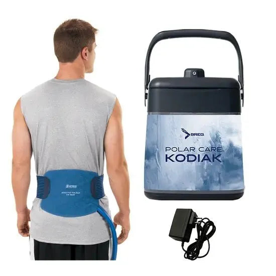 Man wearing a blue back brace with a Breg Polar Care Kodiak product and power adapter on a white background - okotoks hc pharmacy