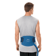 Man wearing a blue back brace on a white background - okotoks hc pharmacy