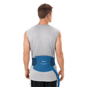 Man wearing a blue back brace on a white background - okotoks hc pharmacy
