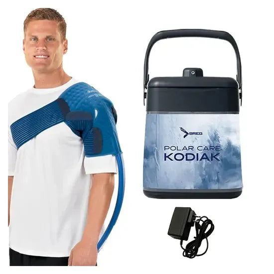 Man wearing a blue shoulder brace with a 'Polar Care Kodiak' device on a white background. - okotoks hc pharmacy