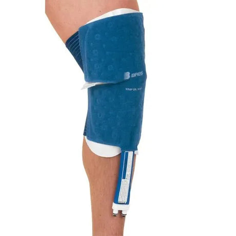 Blue compression wrap on a person's leg with Breg branding on a white background - okotoks hc pharmacy