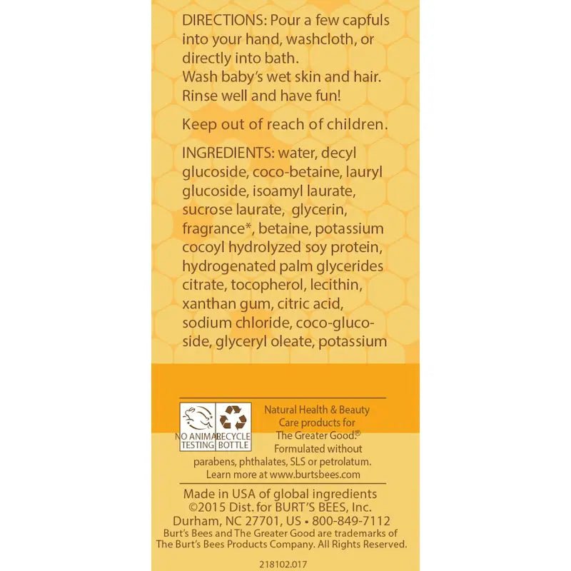 Back label of a Burt's Bees product with directions and ingredients on a yellow background - okotoks hc pharmacy