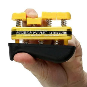 Hand holding a yellow and black digital finger strengthener with 'cando' branding. - okotoks hc pharmacy