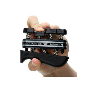 Hand using a black digital finger exerciser with visible branding on a white background - okotoks hc pharmacy