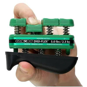 Hand holding a green and black digital finger exerciser with visible branding. - okotoks hc pharmacy