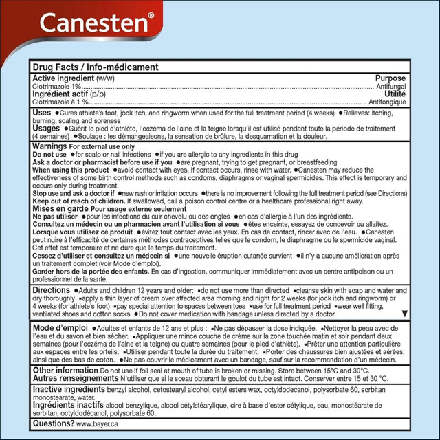 Drug facts label for Canesten with text and branding - okotoks hc pharmacy