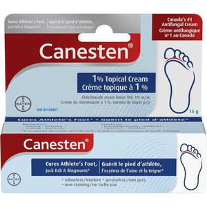 Canesten 1% topical cream packaging with red and blue design - okotoks hc pharmacy