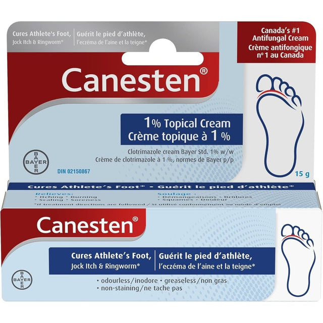 Canesten 1% topical cream packaging with red and blue design - okotoks hc pharmacy