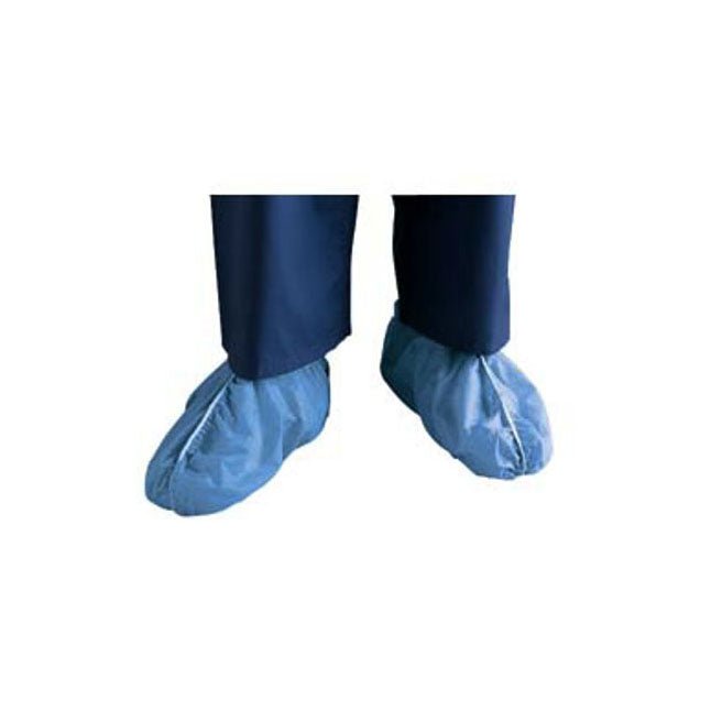Blue shoe covers worn over dark pants on a white background - okotoks hc pharmacy