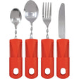 Set of four utensils with red handles on a white background - okotoks hc pharmacy