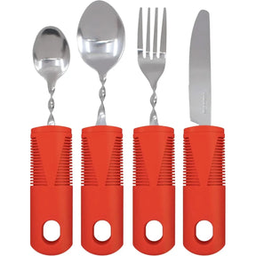 Set of four utensils with red handles on a white background - okotoks hc pharmacy