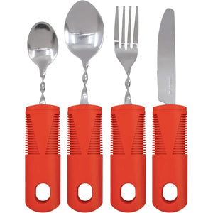 Set of four utensils with red handles on a white background - okotoks hc pharmacy