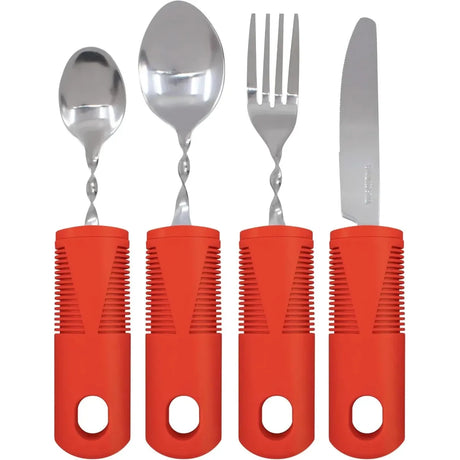 Set of four utensils with red handles on a white background - okotoks hc pharmacy