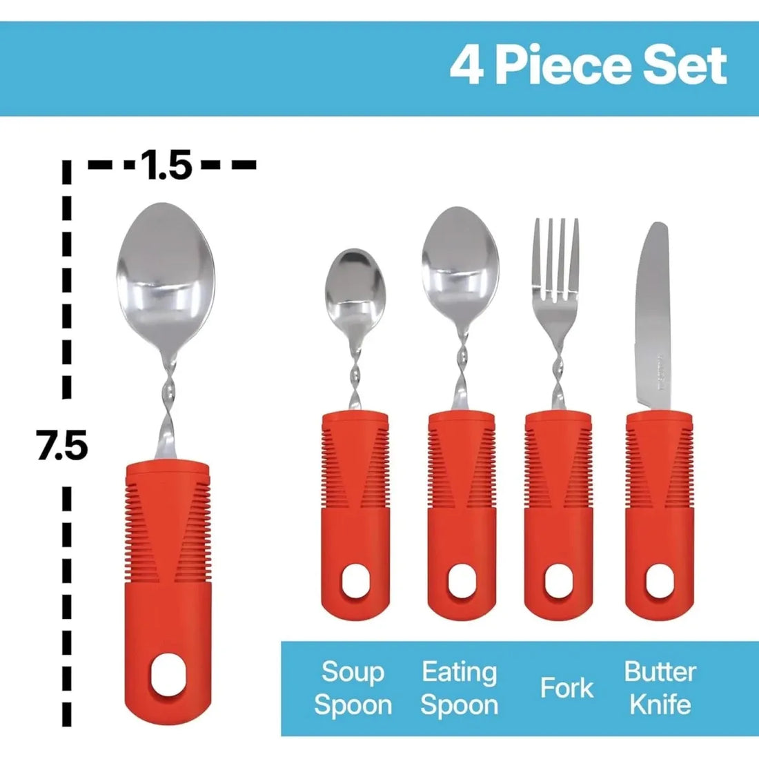Set of four red-handled cutlery pieces with measurements on a blue background - okotoks hc pharmacy