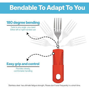 Bendable fork with red handle and text explaining its features on a blue and white background - okotoks hc pharmacy