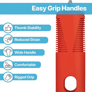 Red spoon with 'Easy Grip Handles' text and features listed on a white background - okotoks hc pharmacy