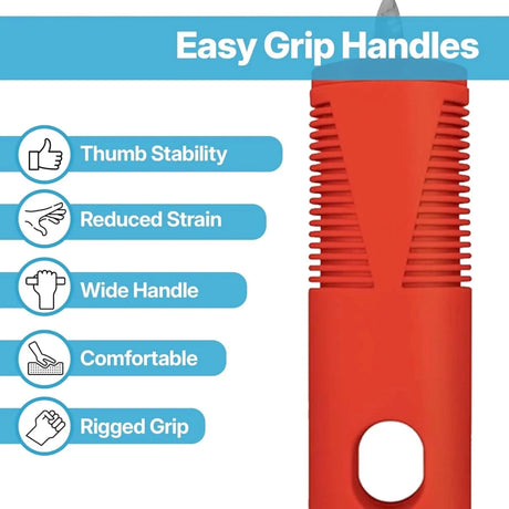 Red spoon with 'Easy Grip Handles' text and features listed on a white background - okotoks hc pharmacy