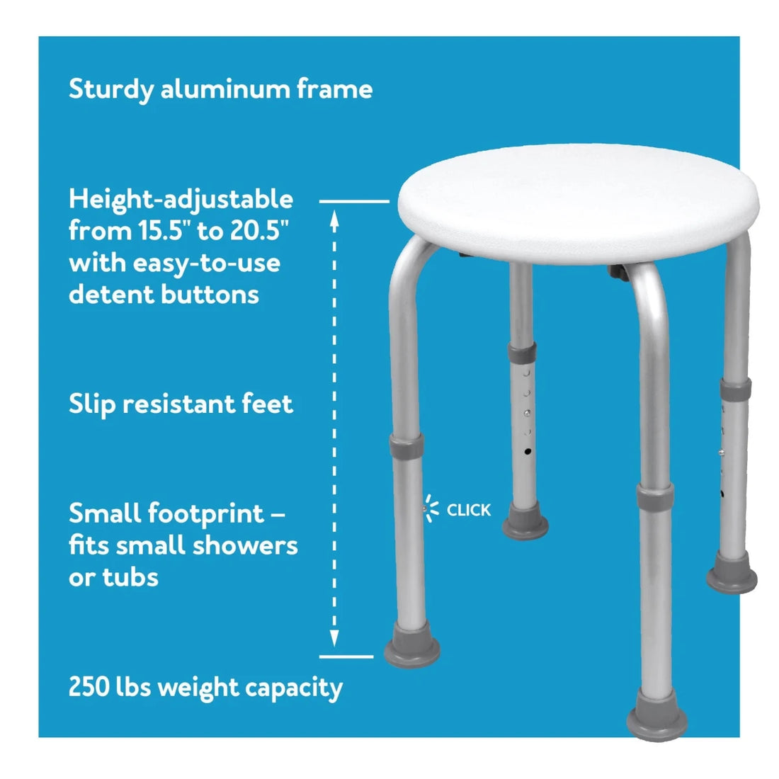 Height-adjustable stool with white seat and metal frame on a blue background, featuring text about its features. - okotoks hc pharmacy
