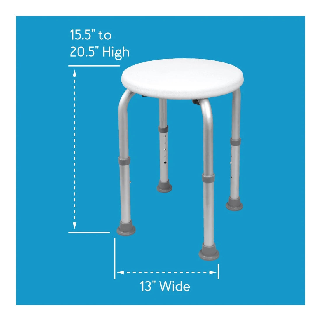 White stool with dimensions labeled on a blue background - okotoks hc pharmacy