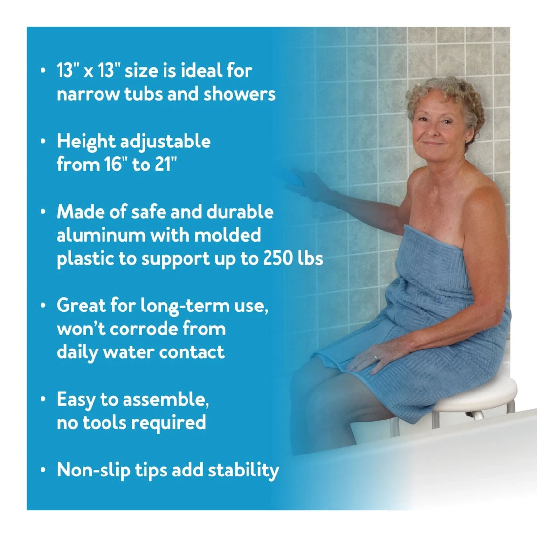 Woman using a shower seat with product features listed on the left. - okotoks hc pharmacy