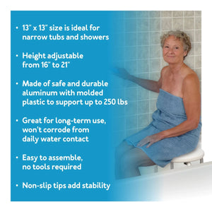 Woman using a shower seat with product features listed on the left. - okotoks hc pharmacy