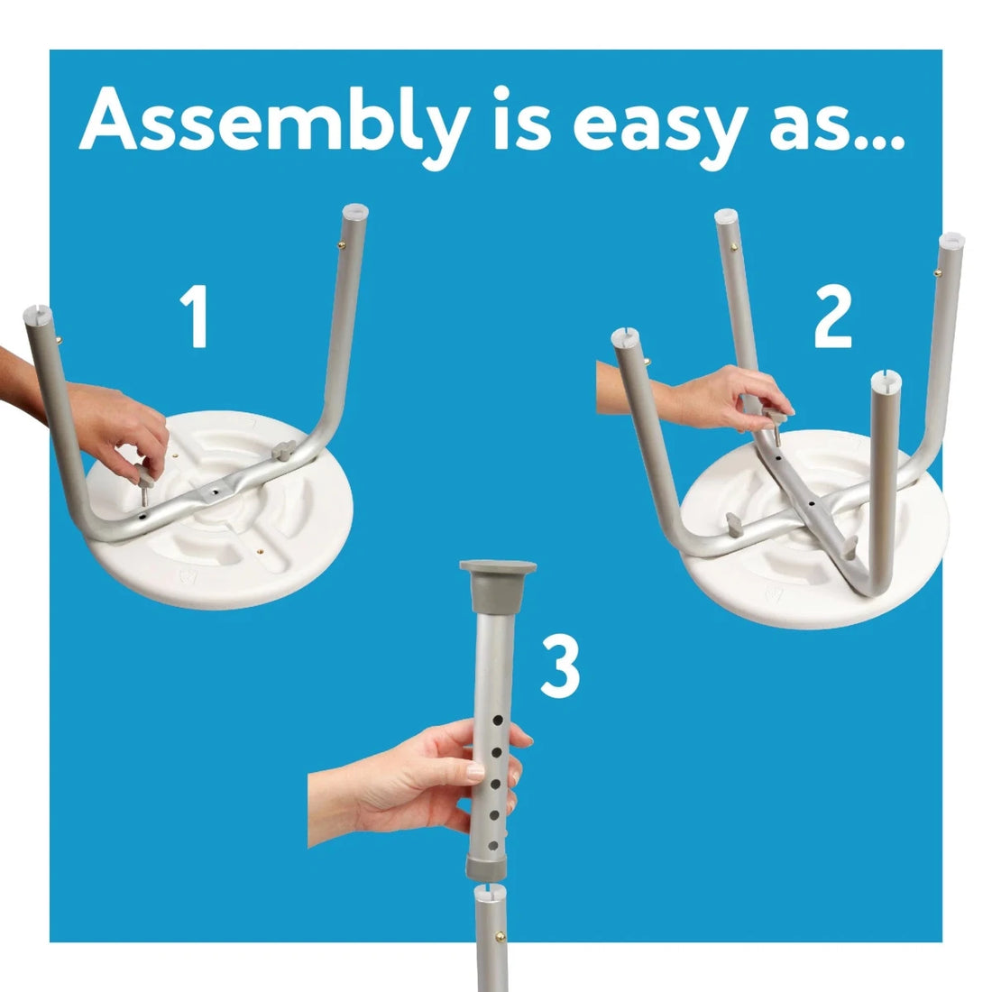 Step-by-step assembly guide with hands and product on a blue background - okotoks hc pharmacy