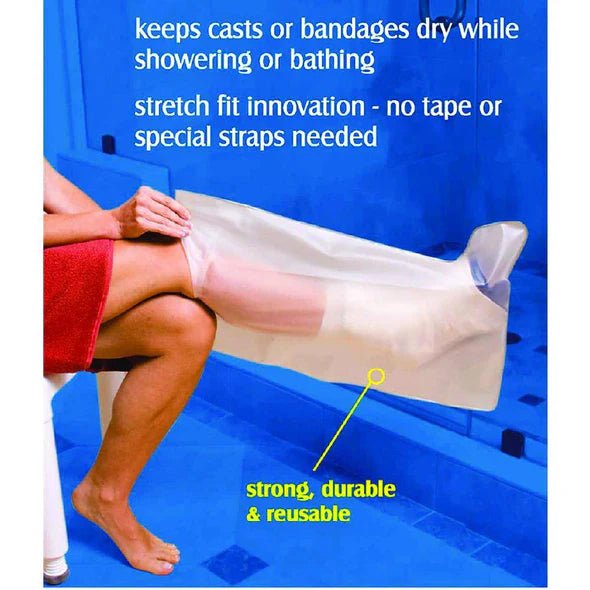 Person using a cast or bandage protector in a shower with text highlighting its features. - okotoks hc pharmacy