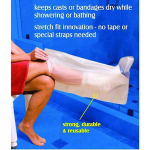 Person using a cast or bandage protector in a shower with text highlighting its features. - okotoks hc pharmacy