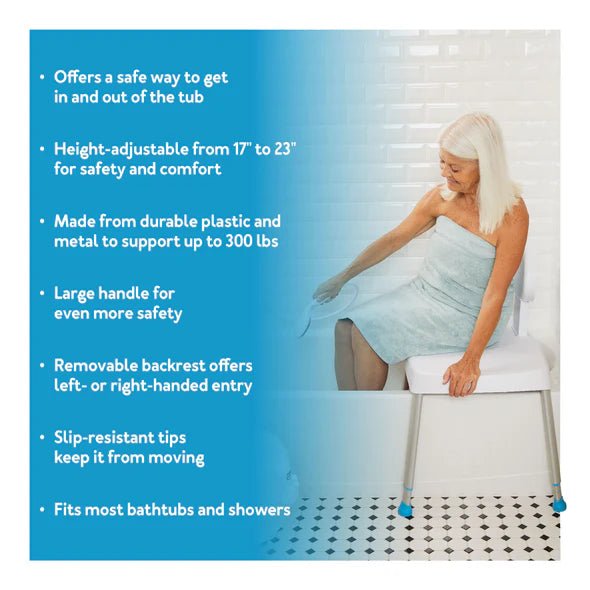 Woman using a bathtub safety seat with product features listed on the left. - okotoks hc pharmacy