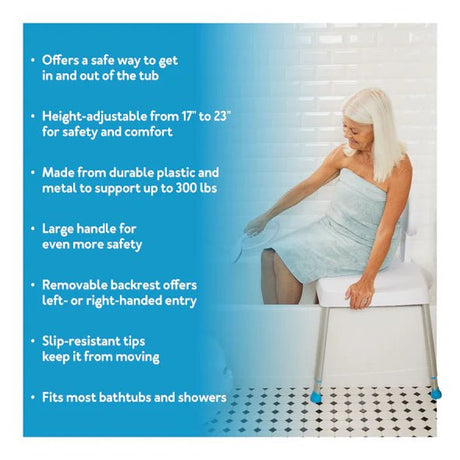 Woman using a bathtub safety seat with product features listed on the left. - okotoks hc pharmacy