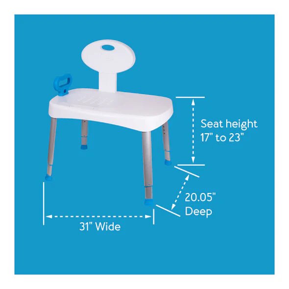 White chair with measurements on a blue background - okotoks hc pharmacy