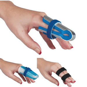 Finger splints in blue, black, and clear on a white background - okotoks hc pharmacy