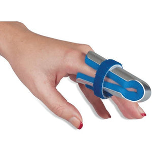 Hand wearing a blue and silver finger splint on a white background - okotoks hc pharmacy