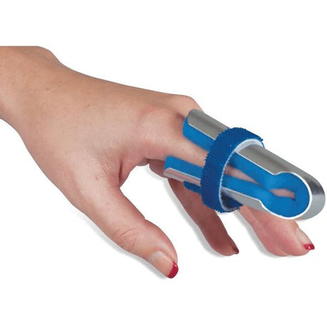Hand wearing a blue and silver finger splint on a white background - okotoks hc pharmacy